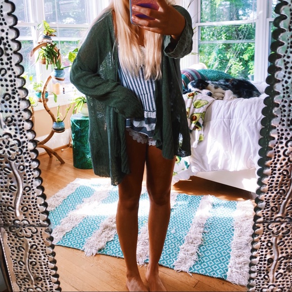 Mossimo Supply Co. Sweaters - Moss Green Button Fishnet Oversized Longline Cardi